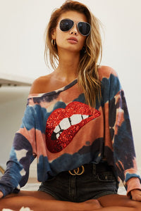 TIE DYE FRENCH TERRY WITH SEQUINS LIP PATCH