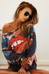 TIE DYE FRENCH TERRY WITH SEQUINS LIP PATCH