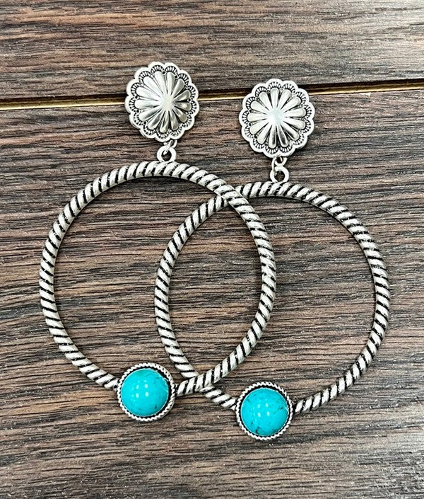 Bronze Concho Post Natural Turquoise Hoop Earrings