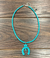 Turquoise Beaded Choker, Squash Blossom Pendant