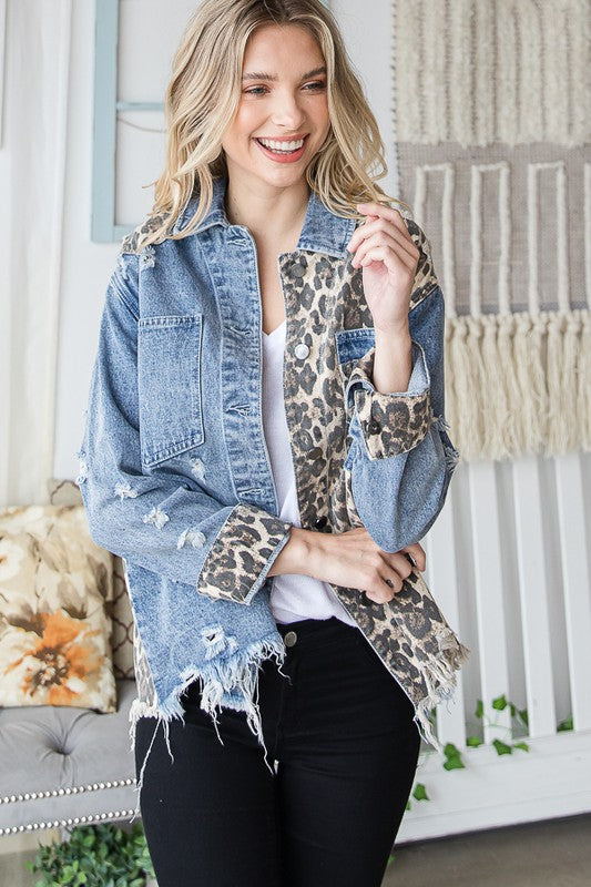 LEOPARD PRINT DETAIL DENIM JACKET