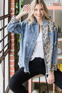 LEOPARD PRINT DETAIL DENIM JACKET