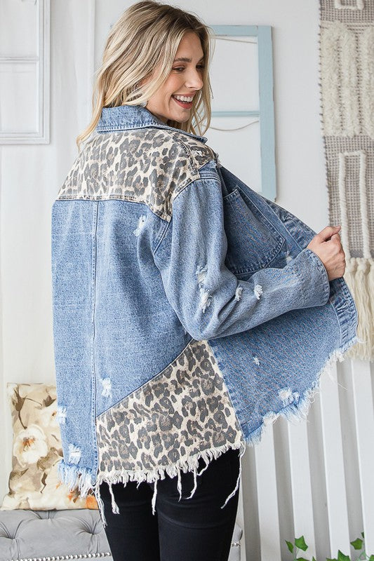 LEOPARD PRINT DETAIL DENIM JACKET