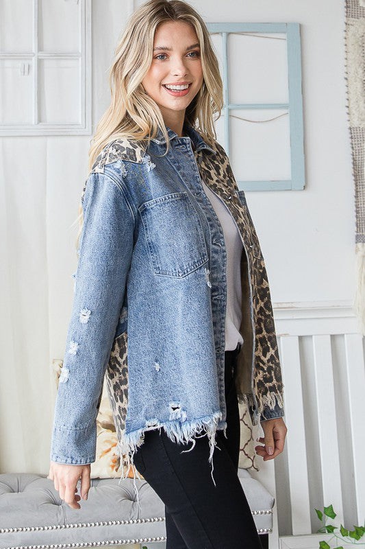LEOPARD PRINT DETAIL DENIM JACKET