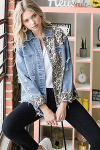 LEOPARD PRINT DETAIL DENIM JACKET