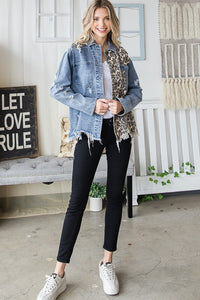 LEOPARD PRINT DETAIL DENIM JACKET