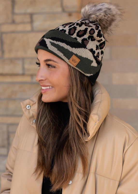 Leopard/Camo Fleece Pom Beanie