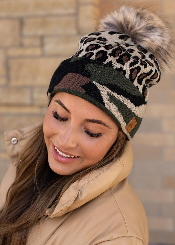 Leopard/Camo Fleece Pom Beanie