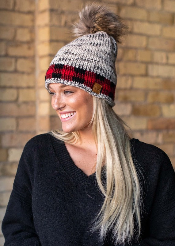 Heather Grey/Red Square Pom Beanie