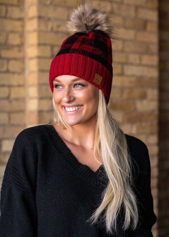 Red/Black Buffalo Plaid Pom Beanie