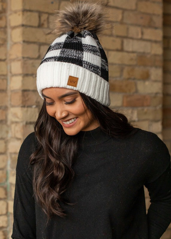 White/Black Buffalo Plaid Pom Beanie