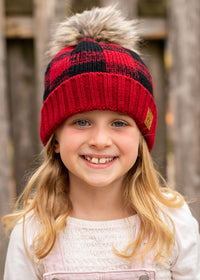 Kids Red/Black Buffalo Plaid Pom Beanie