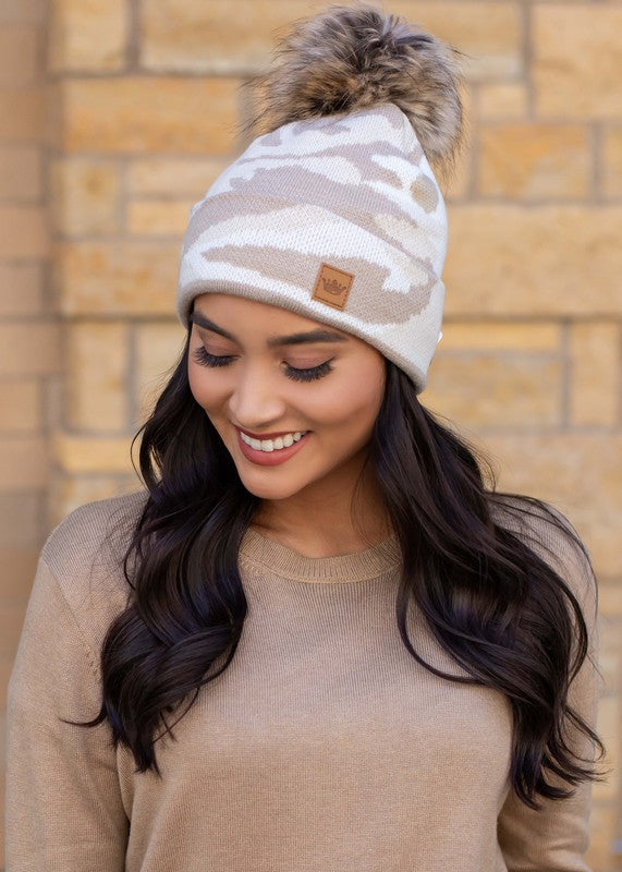 Tan/Grey Camo Pom Beanie