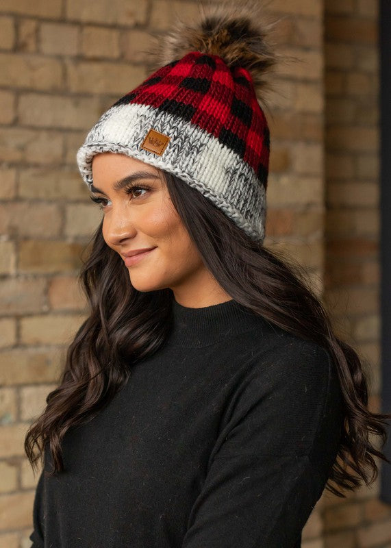 Red/Grey Buffalo Plaid Pom Beanie