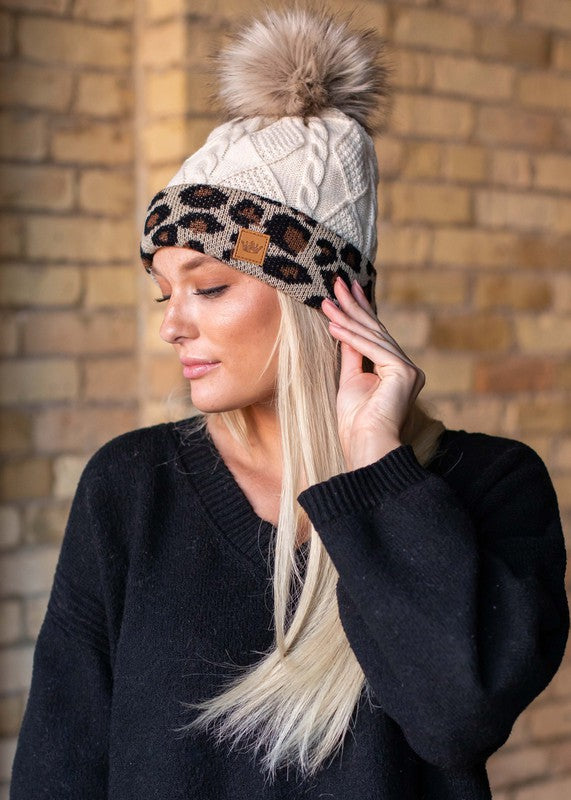 Ivory/Leopard Cable Knit Pom Beanie
