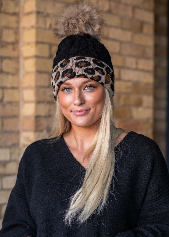 Black Leopard Fleece Pom Beanie