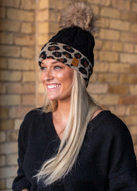 Black Leopard Fleece Pom Beanie