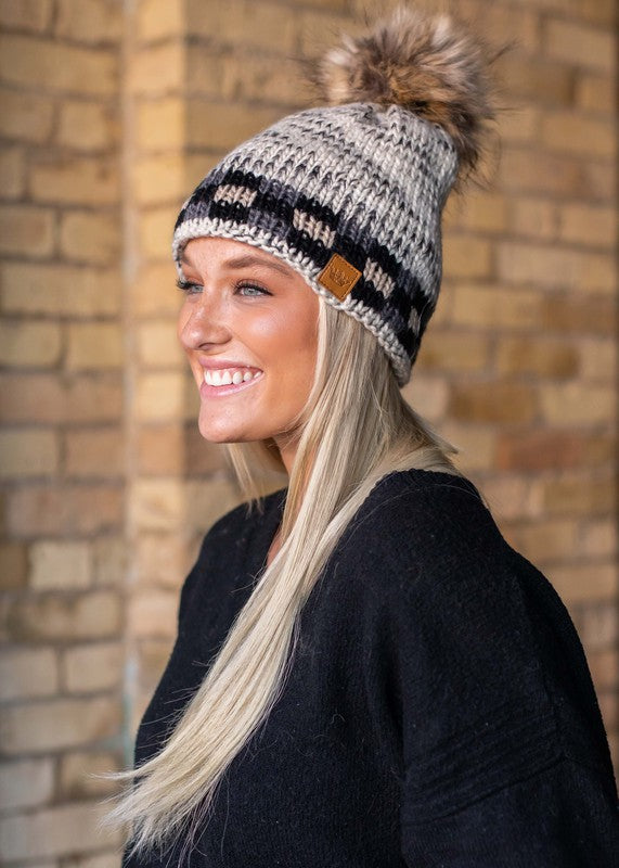 Heather Grey/Tan Buffalo Plaid Pom Beanie