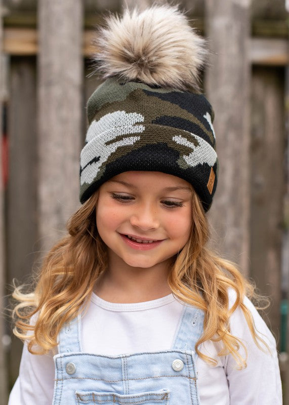 Kids Green Camo Knit Pom Beanie