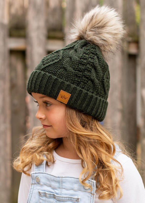 Kids Green Cable Knit Pom Beanie