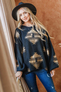 Aztec Foil Printed Balloon Sleeve Sweater