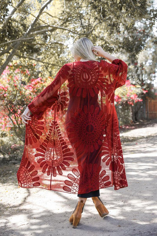 Burgundy Lace Embroidered Kimono