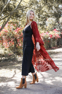 Burgundy Lace Embroidered Kimono