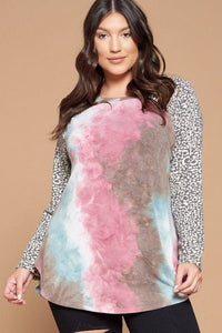 Plus Size French Terry Tie Dye Casual Color Block Top