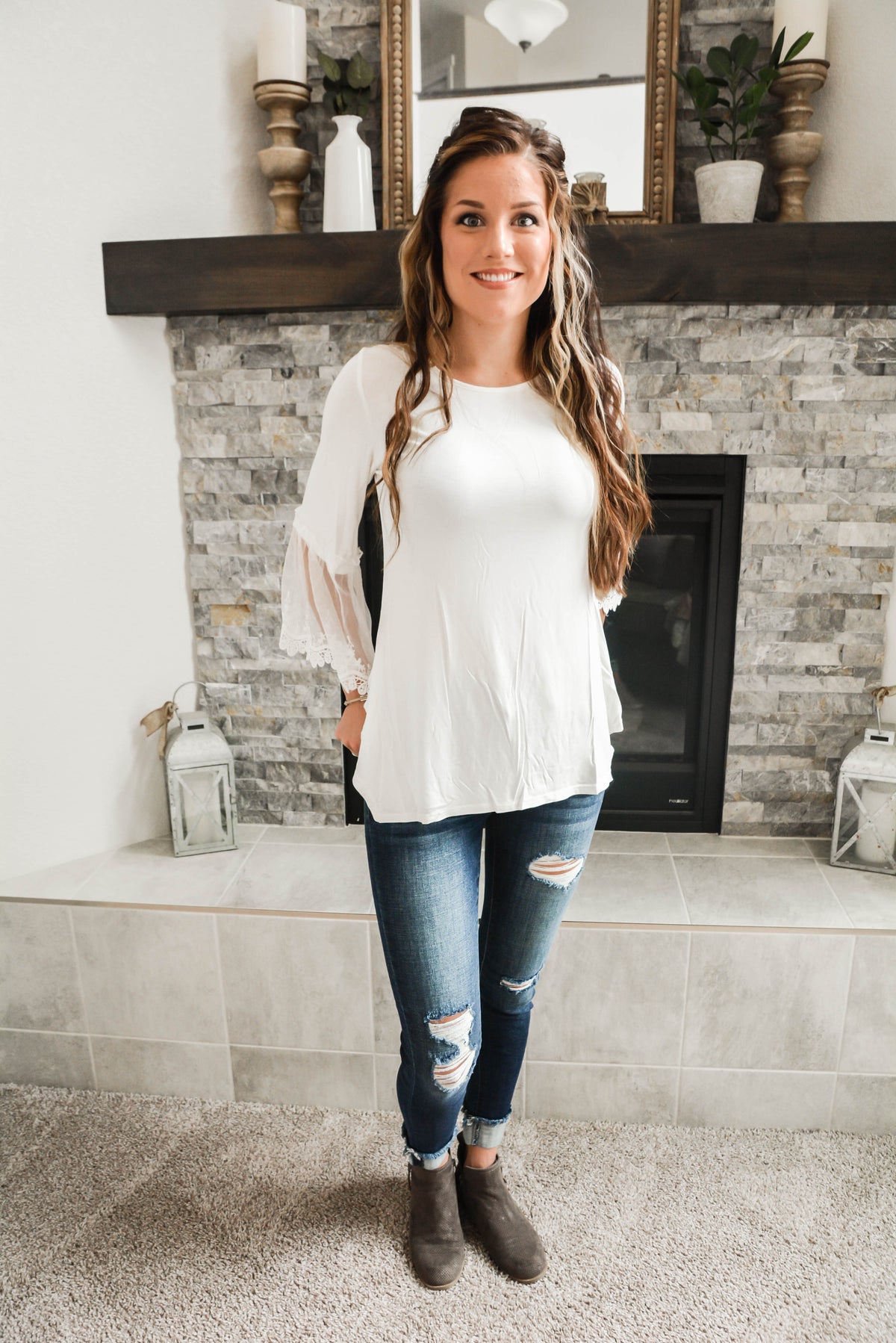 White Tunic Top with Lace Bell Sleeves