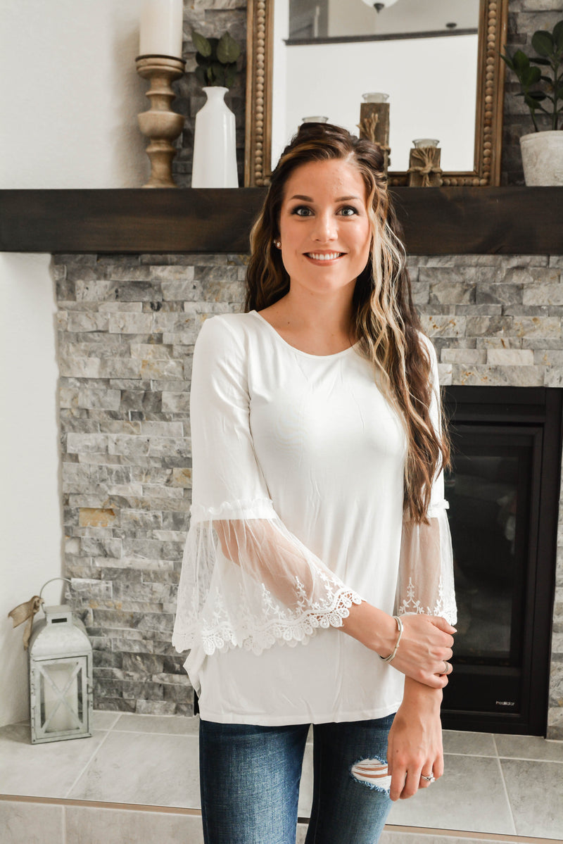 White Tunic Top with Lace Bell Sleeves