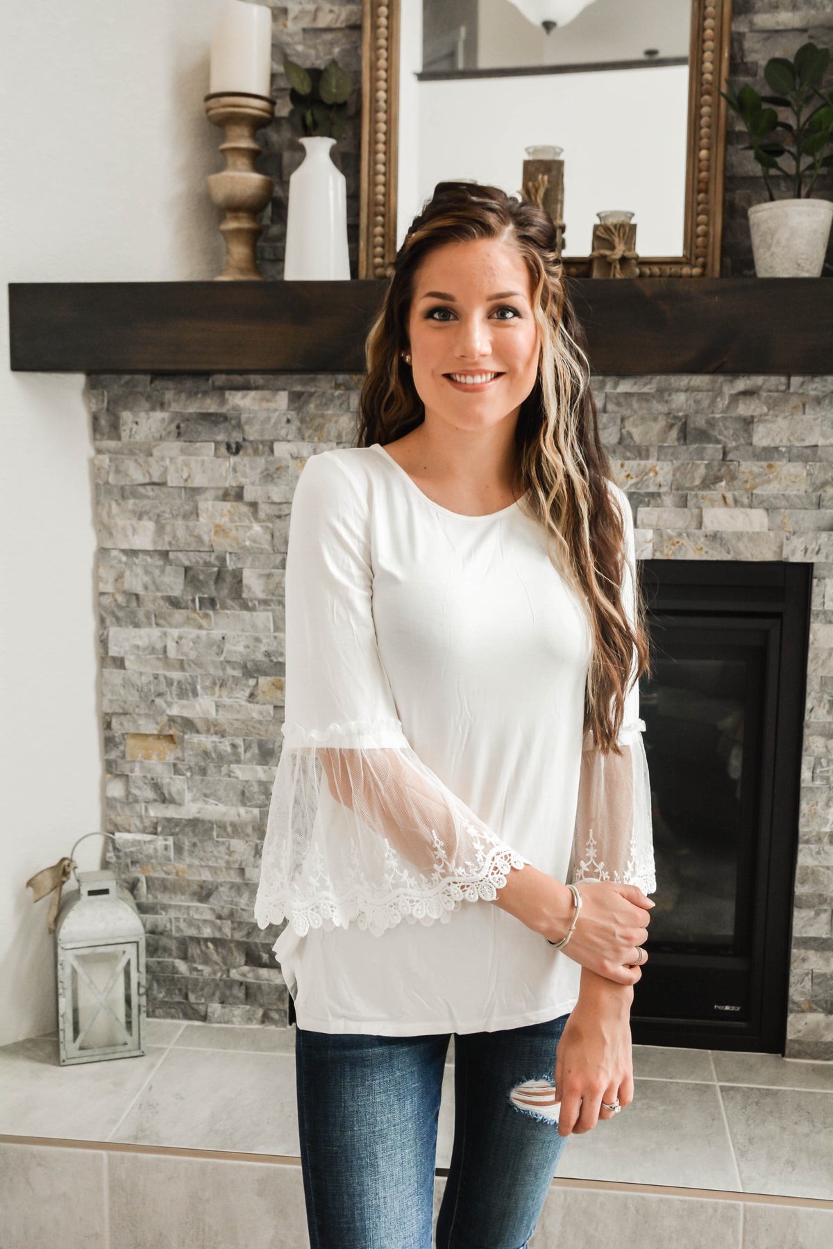 White Tunic Top with Lace Bell Sleeves