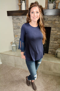 Navy Tunic Tops with Lace Bell Sleeves