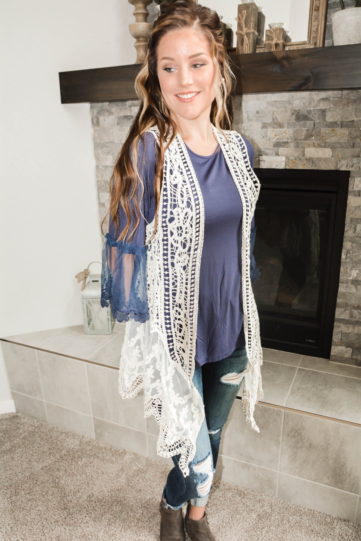Ivory Crochet Vest with Lace Trims