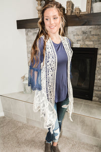 Ivory Crochet Vest with Lace Trims