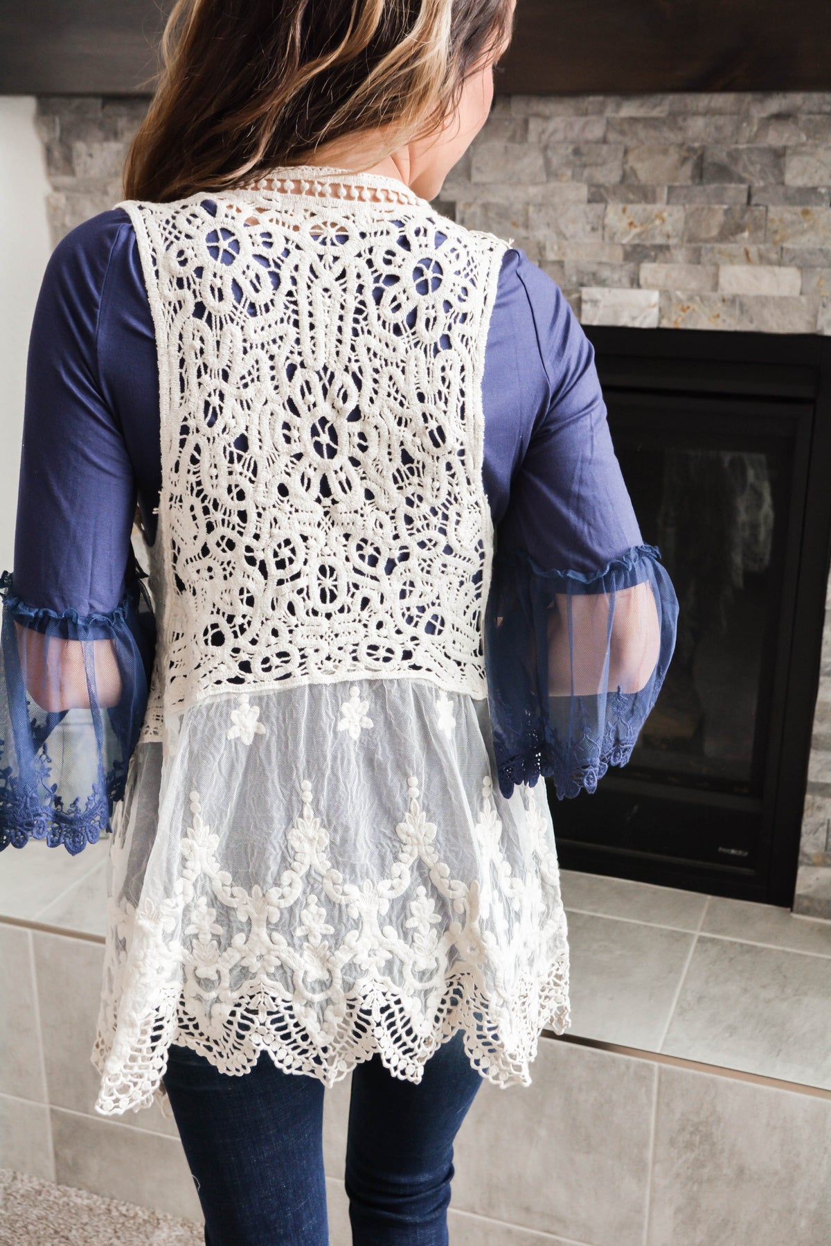 Ivory Crochet Vest with Lace Trims