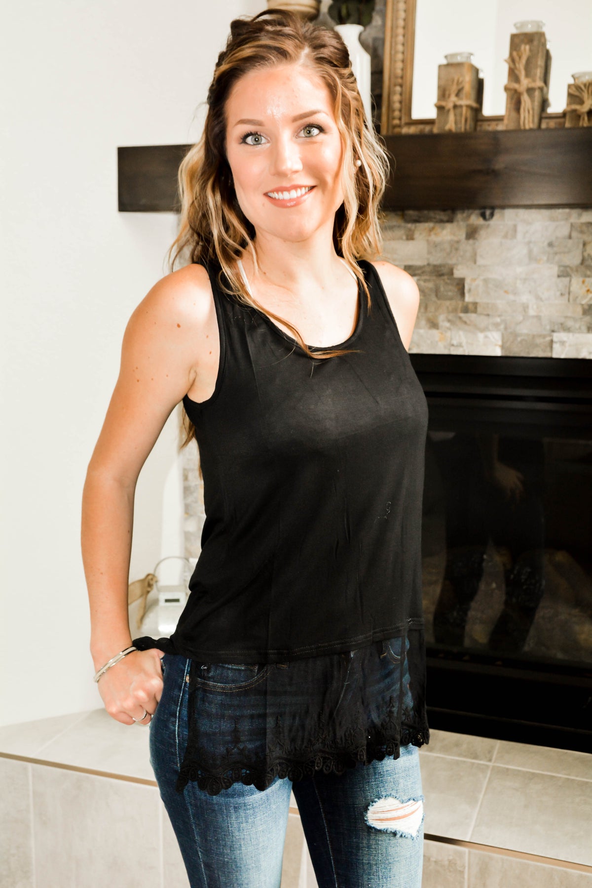Thick Strap Oragami Black Lace Tank