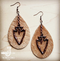 Leather Oval Earrings in Tan Hair on Hide Hide With Copper