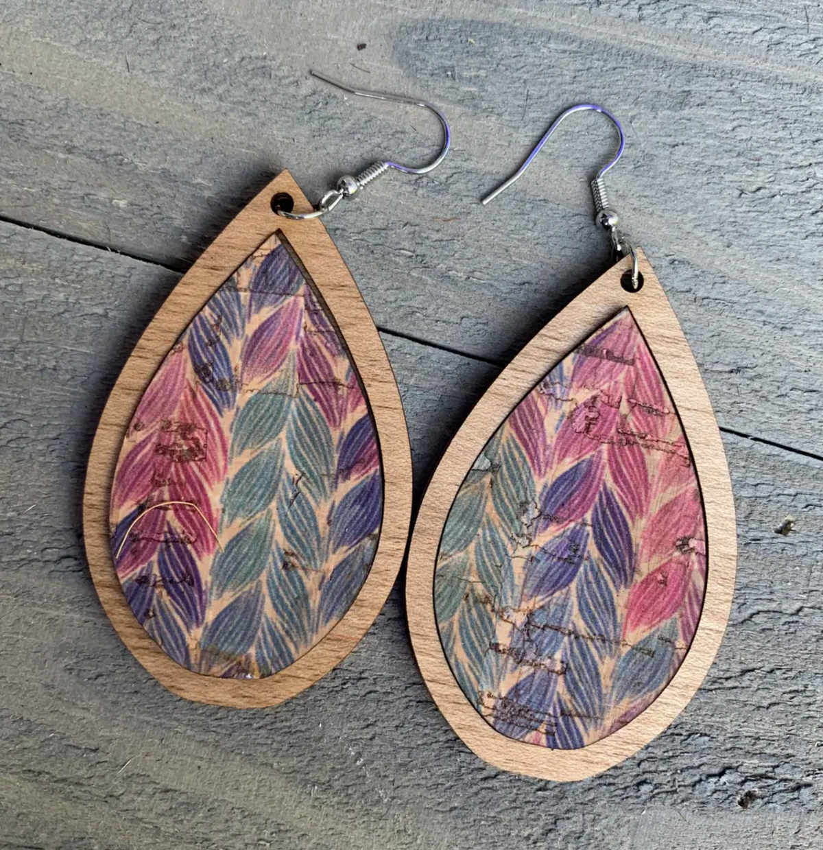 Wood Teardrop Earrings with Rainbow Braid Print Cork