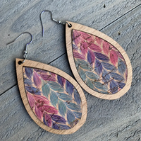 Wood Teardrop Earrings with Rainbow Braid Print Cork