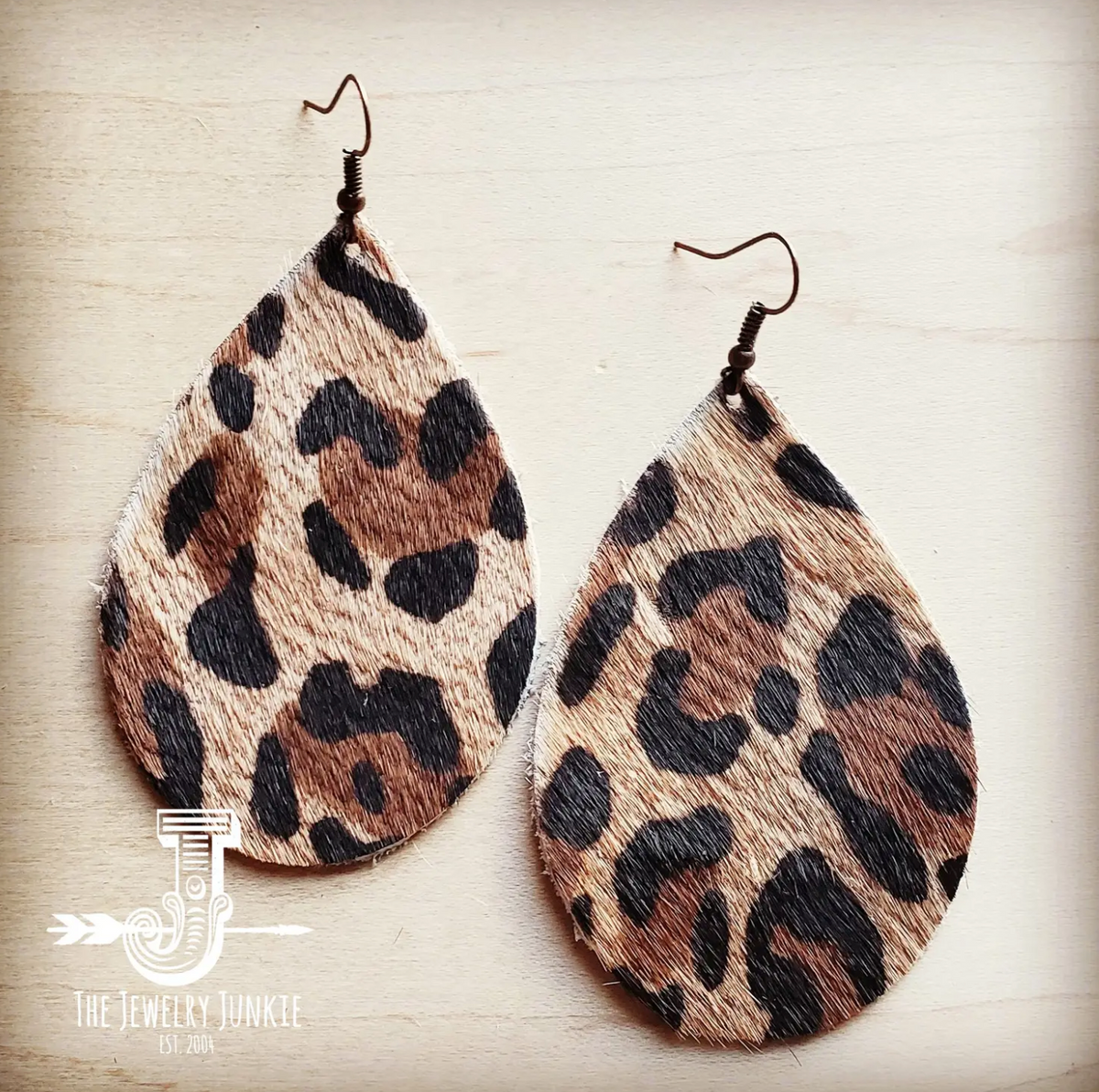 Leather Teardrop Earrings in Leopard Print Hair on Hide