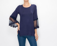 Navy Tunic Tops with Lace Bell Sleeves