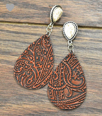 Tooled Leather, Natural White Turquoise Post Earrings