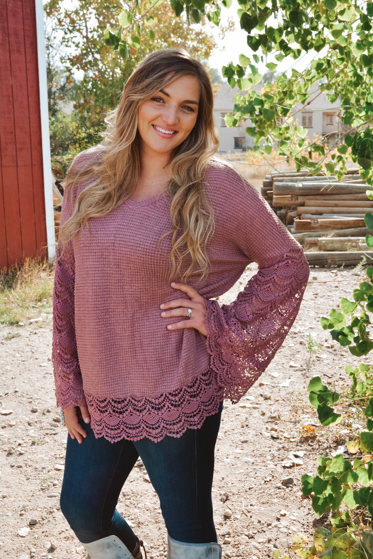 Lace Detail Wide Bell Sleeve Textured Knit Tunic