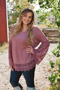 Lace Detail Wide Bell Sleeve Textured Knit Tunic