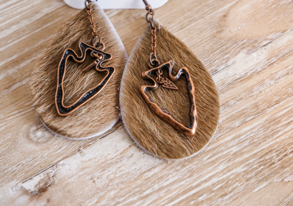 Leather Oval Earrings in Tan Hair on Hide Hide With Copper