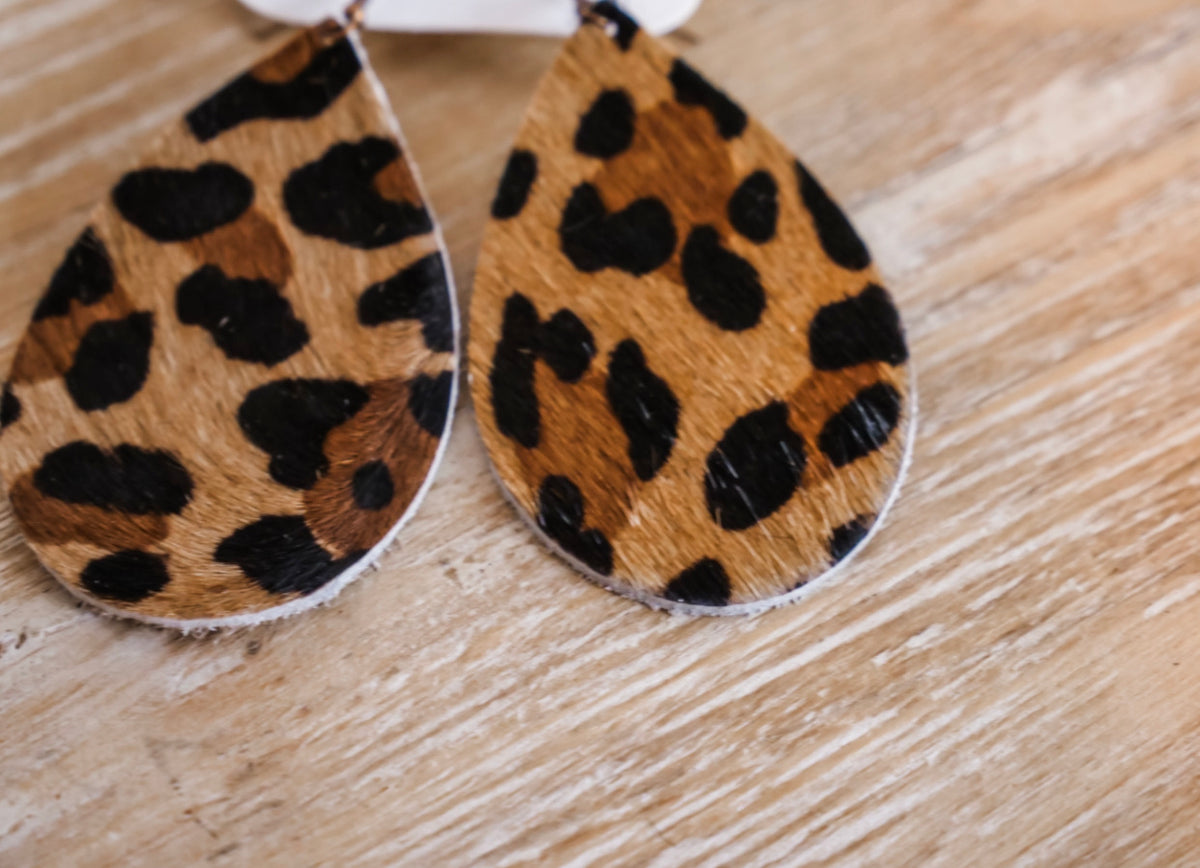 Leather Teardrop Earrings in Leopard Print Hair on Hide