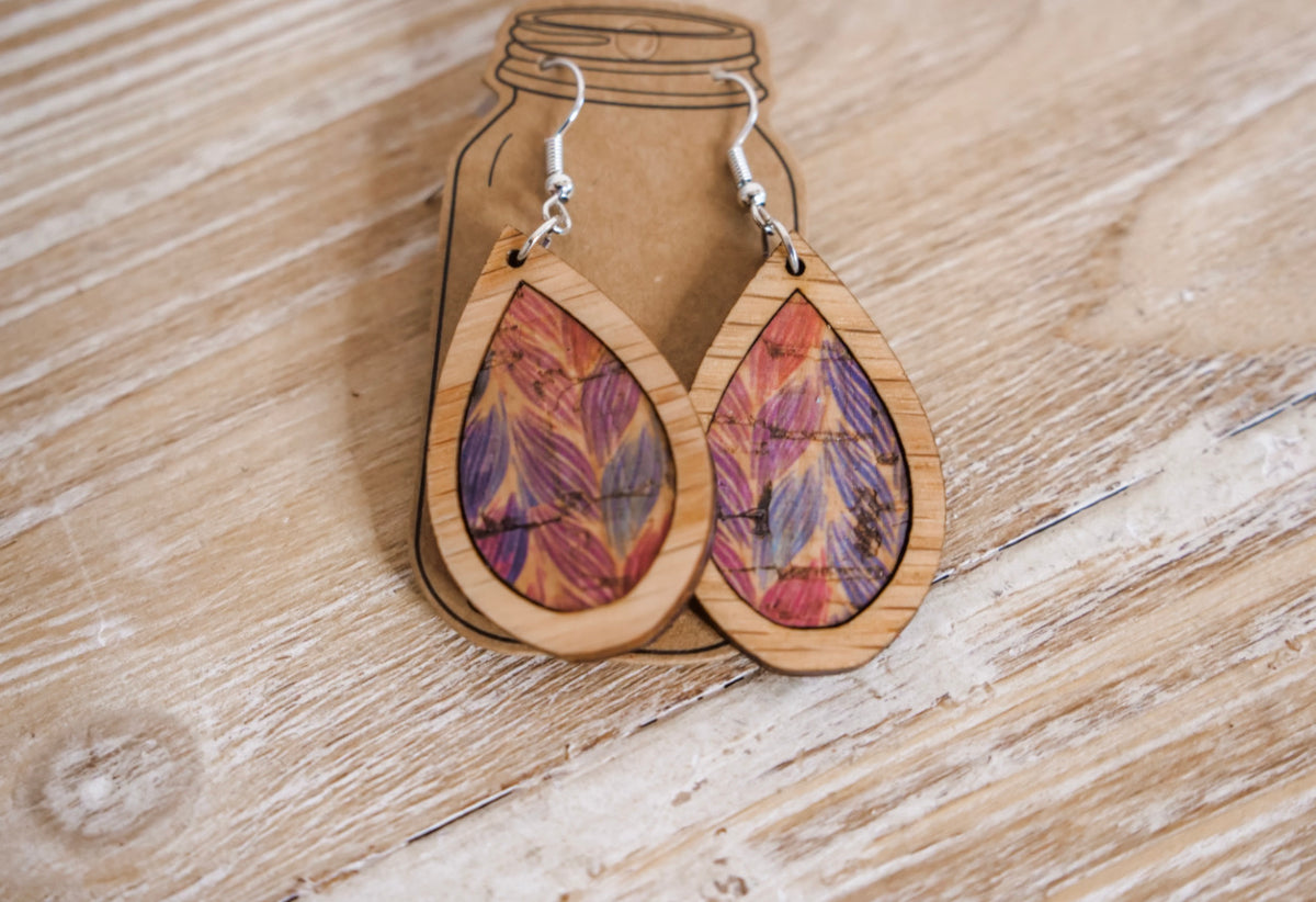 Wood Teardrop Earrings with Rainbow Braid Print Cork